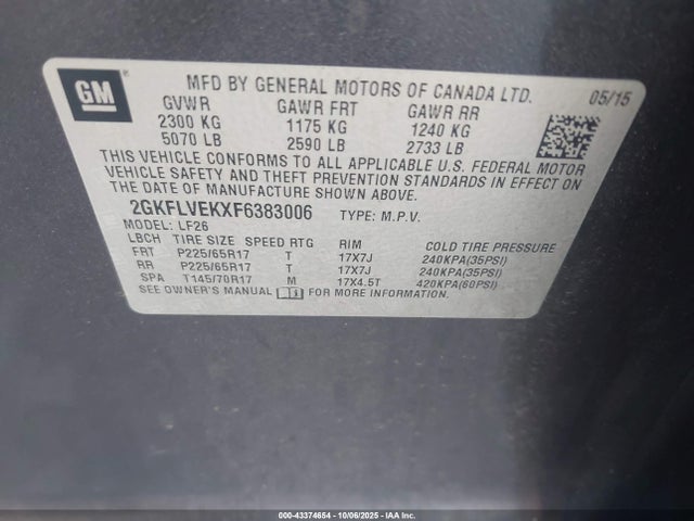 43374654 :رقم المزاد ، 2GKFLVEKXF6383006 vin ، 2015 Gmc Terrain Sle-1 مزاد بيع