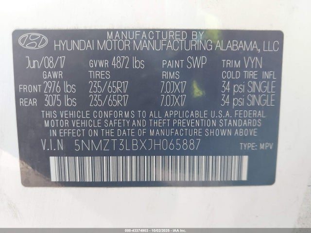 5NMZT3LBXJH065887 Hyundai gdi theta ii