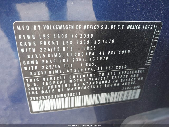 Продаж на аукціоні авто 2022 Volkswagen Taos 1.5t Sel, vin: 3VV2X7B21NM038211, номер лоту: 43375117
