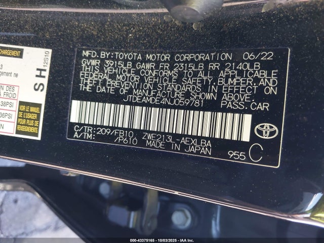 JTDEAMDE4NJ059781 Toyota Corolla Hybrid Le