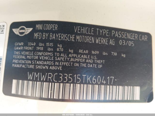 2005 MINI COOPER WMWRC33515TK60417 Photo 8