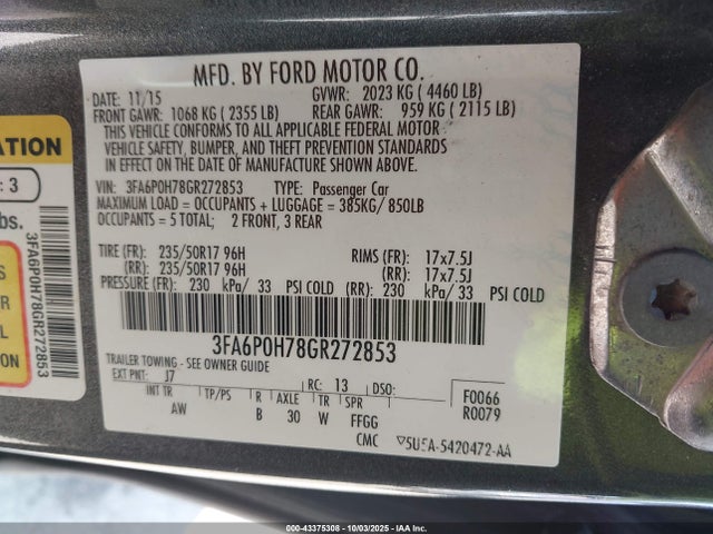 2016 Ford Fusion Se მანქანა იყიდება აუქციონზე, vin: 3FA6P0H78GR272853, აუქციონის ნომერი: 43375308