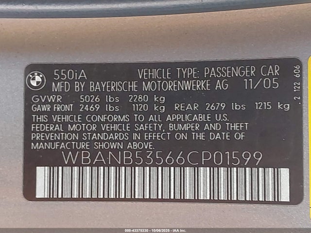 Продажа на аукционе авто 2006 Bmw 550i, vin: WBANB53566CP01599, номер лота: 43375330