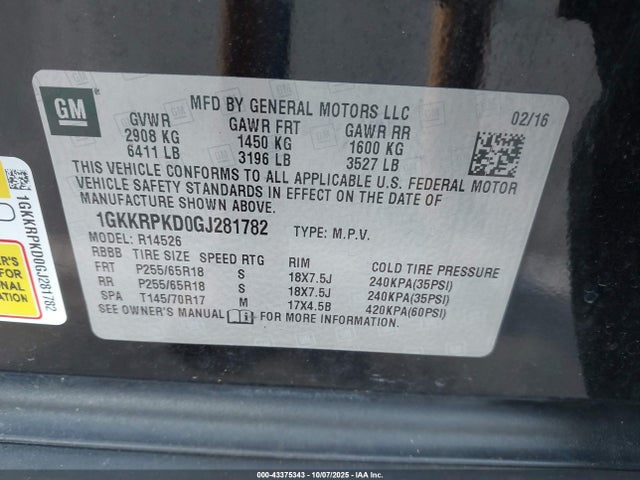43375343 :رقم المزاد ، 1GKKRPKD0GJ281782 vin ، 2016 Gmc Acadia Sle-2 مزاد بيع