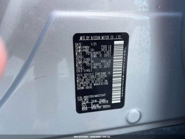 Aukcja sprzedaży 2021 Nissan Armada Sl 2wd, vin: JN8AY2BA1M9372547, numer aukcji: 43375393