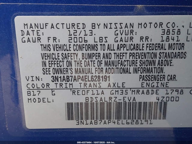 3N1AB7AP4EL628191 Nissan 2014
