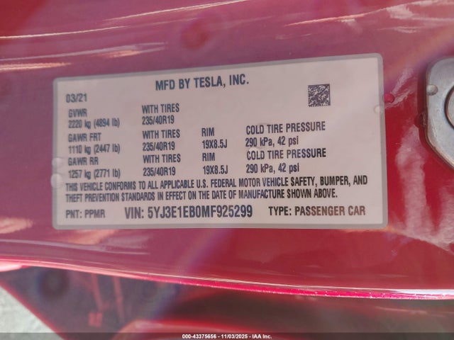 2021 TESLA MODEL 3 5YJ3E1EB0MF925299 Photo 8