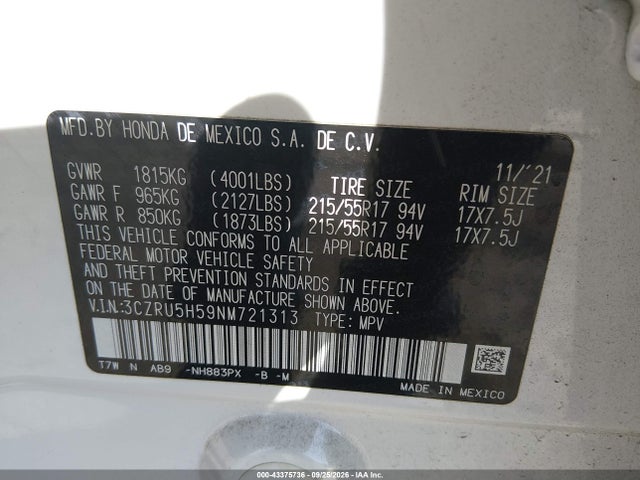 3CZRU5H59NM721313 Honda Hr-v 2wd Ex