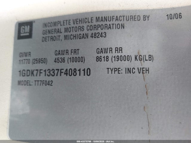 Aukcja sprzedaży 2007 Gmc Tt7500, vin: 1GDK7F1337F408110, numer aukcji: 43375766