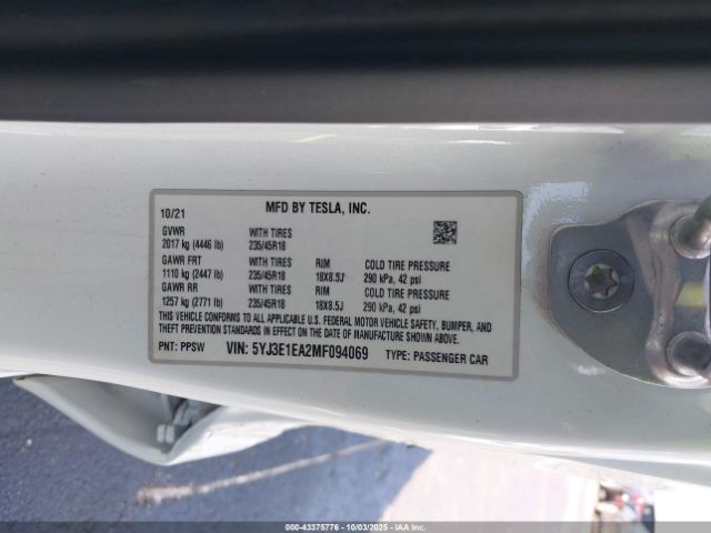 2021 TESLA MODEL 3 5YJ3E1EA2MF094069 Photo 8