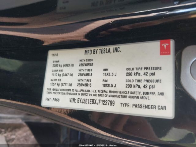 2018 TESLA MODEL 3 5YJ3E1EBXJF122799 Photo 8
