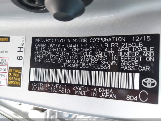 JTDKARFU5G3502564 Toyota 2zr-fxe,1nm
