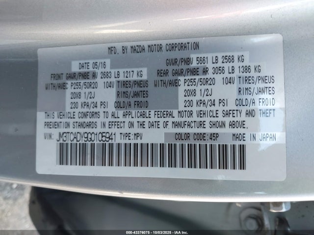 JM3TCADY9G0105941 Mazda Cx-9 Grand Touring