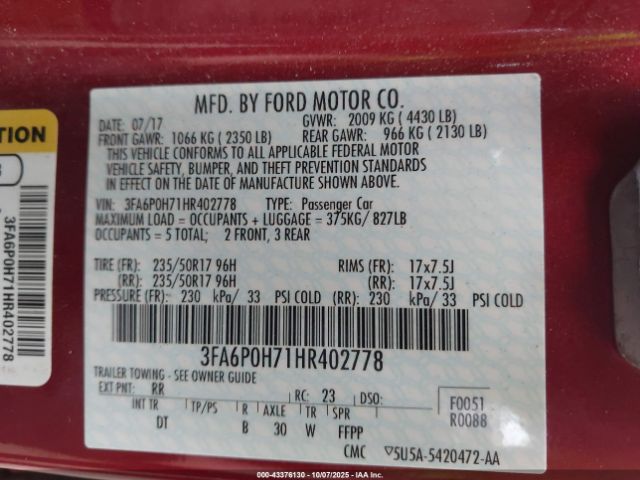 2017 FORD FUSION 3FA6P0H71HR402778 Photo 8