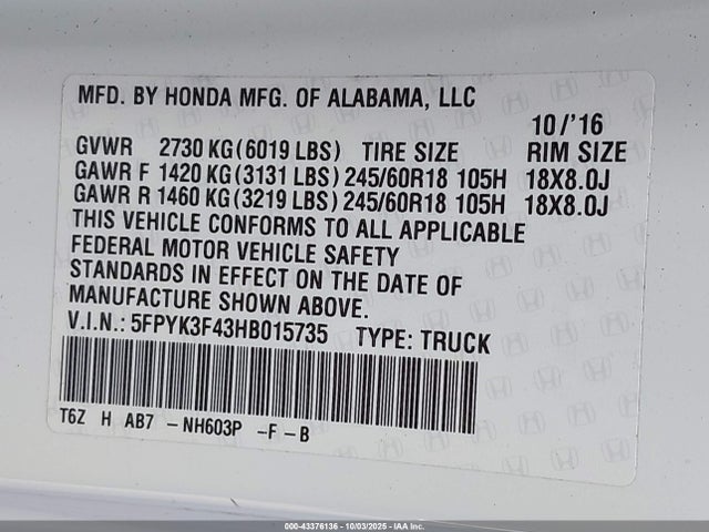 5FPYK3F43HB015735 Honda j35y6
