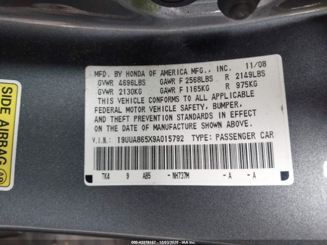2009 ACURA TL 19UUA865X9A015792 Photo 8