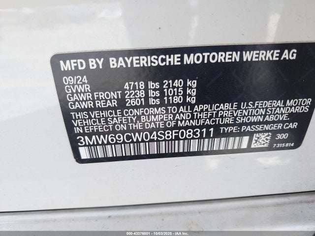 43376501 :رقم المزاد ، 3MW69CW04S8F08311 vin ، 2025 Bmw 3 Series 330i مزاد بيع