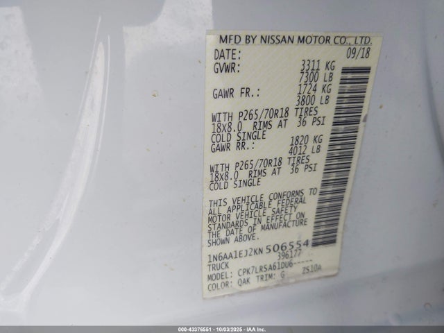 43376551 :رقم المزاد ، 1N6AA1EJ2KN506554 vin ، 2019 Nissan Titan S مزاد بيع
