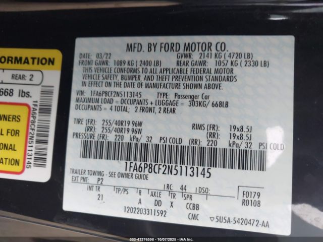 2022 FORD MUSTANG 1FA6P8CF2N5113145 Photo 8