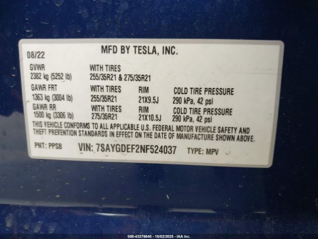 2022 TESLA MODEL Y 7SAYGDEF2NF524037 Photo 8