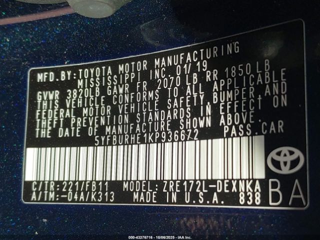 2019 TOYOTA COROLLA 5YFBURHE1KP936672 Photo 8