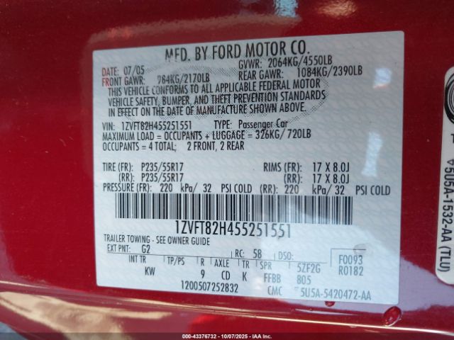 2005 FORD MUSTANG 1ZVFT82H455251551 Photo 8