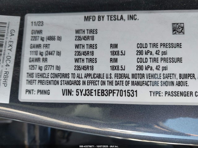 2023 Tesla Model 3 Long Range Dual Motor All-wheel Drive მანქანა იყიდება აუქციონზე, vin: 5YJ3E1EB3PF701531, აუქციონის ნომერი: 43376871