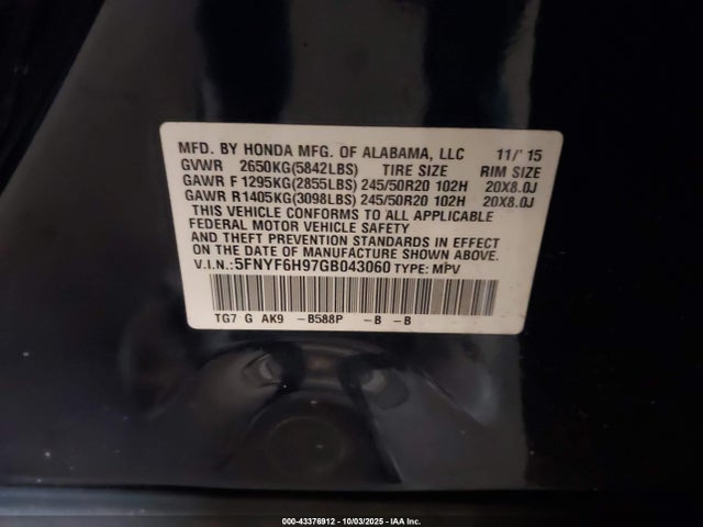 2016 HONDA PILOT 5FNYF6H97GB043060 Photo 8