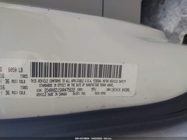 2010 Dodge Grand Caravan Sxt მანქანა იყიდება აუქციონზე, vin: 2D4RN5D15AR475632, აუქციონის ნომერი: 43376929