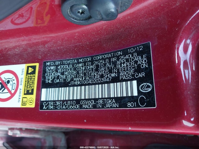 Продаж на аукціоні авто 2013 Lexus Es 350, vin: JTHBK1GG4D2023947, номер лоту: 43376980