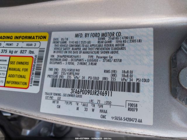 2018 FORD FUSION 3FA6P0D90JR246911 Photo 8