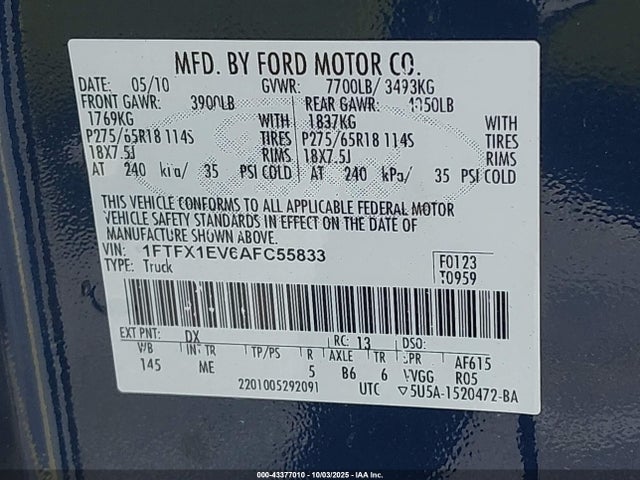 43377010 :رقم المزاد ، 1FTFX1EV6AFC55833 vin ، 2010 Ford F-150 Fx4/lariat/xl/xlt مزاد بيع