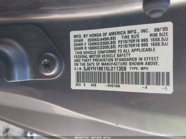 Продаж на аукціоні авто 2005 Honda Element Ex, vin: 5J6YH18615L011308, номер лоту: 43377203