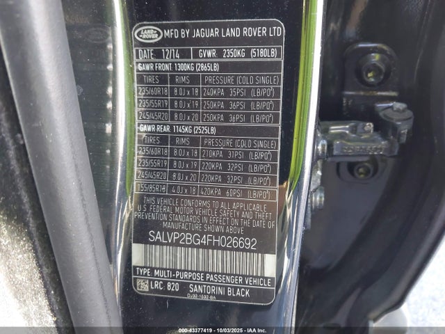 Aukcja sprzedaży 2015 Land Rover Range Rover Evoque Pure, vin: SALVP2BG4FH026692, numer aukcji: 43377419