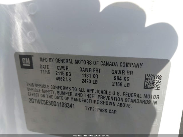 Chevrolet lfx - sidi, vvt, e85 max, alum gm 2016 2G1WC5E30G1138341 Image 9