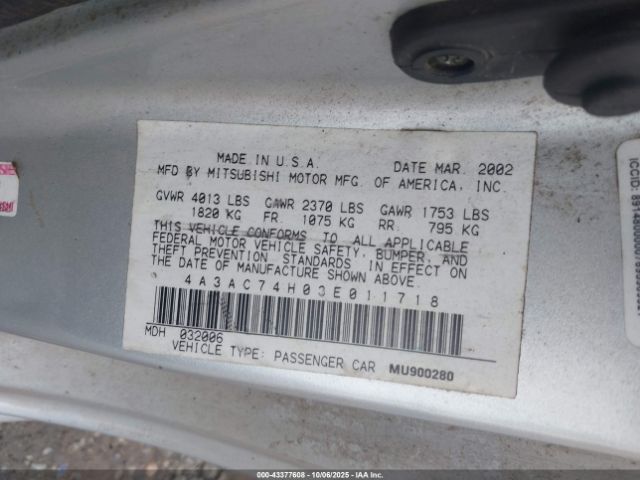 2003 MITSUBISHI ECLIPSE 4A3AC74H03E011718 Photo 8