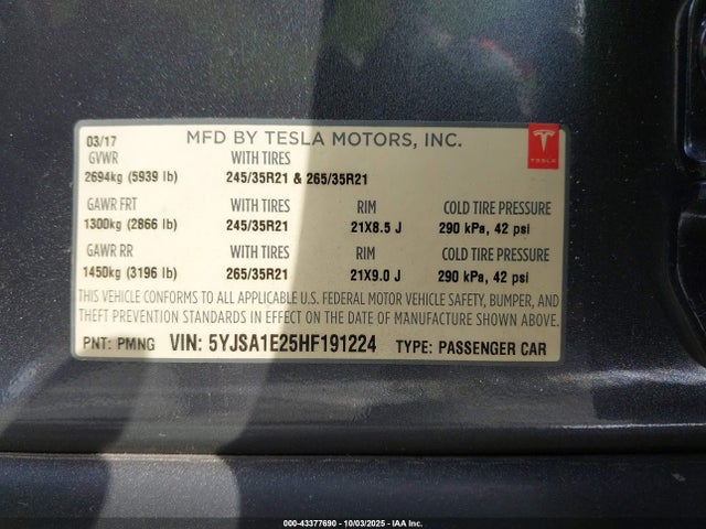 5YJSA1E25HF191224 Tesla MODEL S