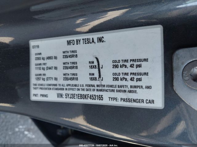 2019 TESLA MODEL 3 5YJ3E1EB0KF453165 Photo 8