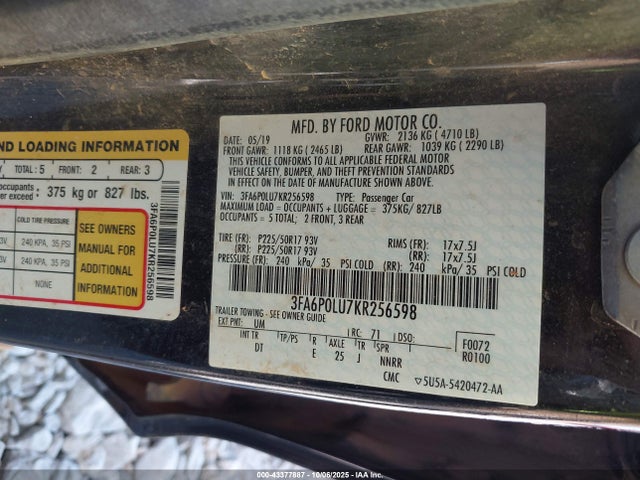 Продаж на аукціоні авто 2019 Ford Fusion Hybrid Se, vin: 3FA6P0LU7KR256598, номер лоту: 43377887