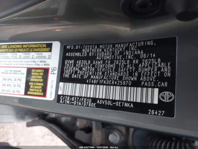 2014 Toyota Camry Le მანქანა იყიდება აუქციონზე, vin: 4T4BF1FK0ER425970, აუქციონის ნომერი: 43377904