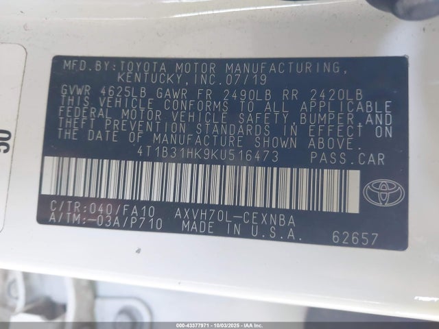 2019 TOYOTA CAMRY HYBRID 4T1B31HK9KU516473 Photo 8