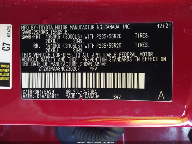 43378195 :رقم المزاد ، 2T2HZMAA8NC230207 vin ، 2022 Lexus Rx 350 مزاد بيع