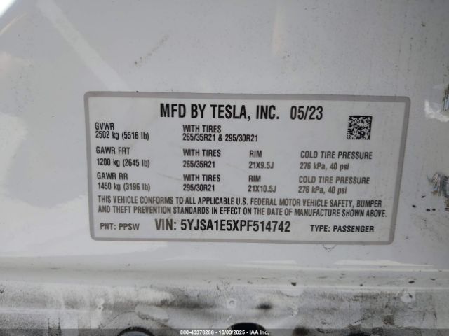 2023 TESLA MODEL S 5YJSA1E5XPF514742 Photo 8