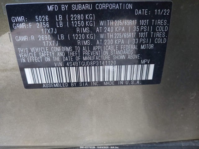 4S4BTGUD8P3141120 Subaru u4