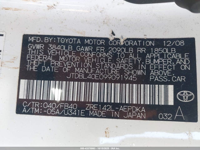 Продажа на аукционе авто 2009 Toyota Corolla Le, vin: JTDBL40E099091945, номер лота: 43378563