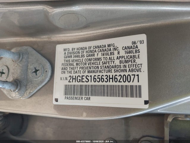 Продажа на аукционе авто 2003 Honda Civic Lx, vin: 2HGES16563H620071, номер лота: 43378665