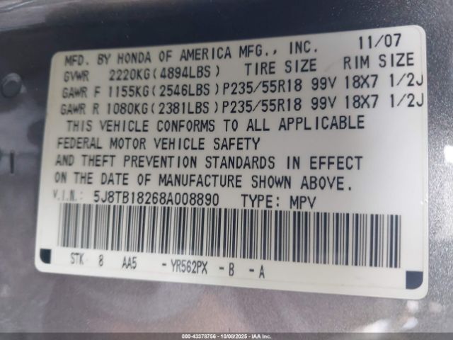 2008 ACURA RDX 5J8TB18268A008890 Photo 8