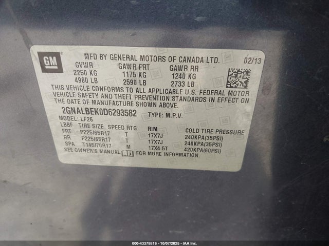 Продажа на аукционе авто 2013 Chevrolet Equinox Ls, vin: 2GNALBEK0D6293582, номер лота: 43378816