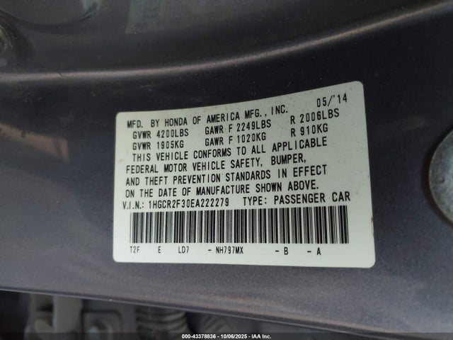 Honda k24w1 2014 1HGCR2F30EA222279 Image 9