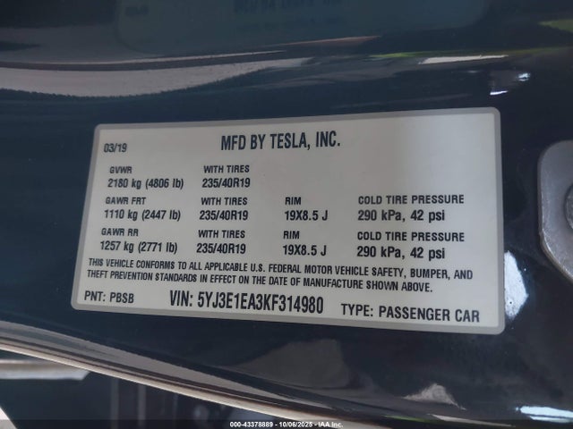 2019 TESLA MODEL 3 5YJ3E1EA3KF314980 Photo 8